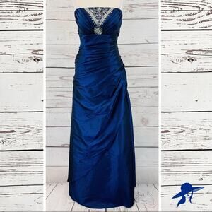 Jump Apparel blue silver strapless ruched formal
